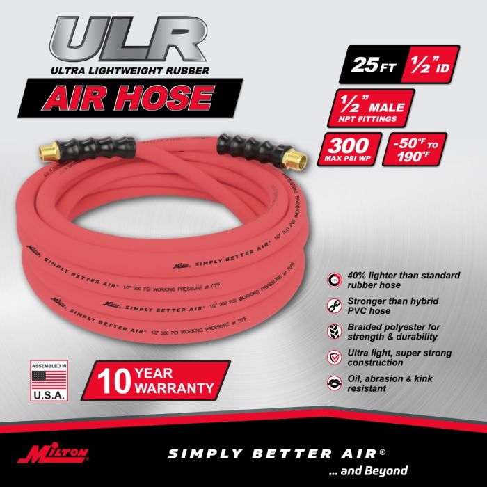 1/2" Ultra Lightweight Rubber Hose, 25' Air Hose w/ 1/2" NPT Male Inlet Thread Ends