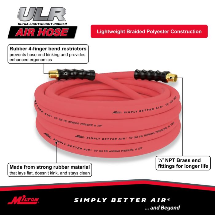 1/2" Ultra Lightweight Rubber Hose, 25' Air Hose w/ 1/2" NPT Male Inlet Thread Ends