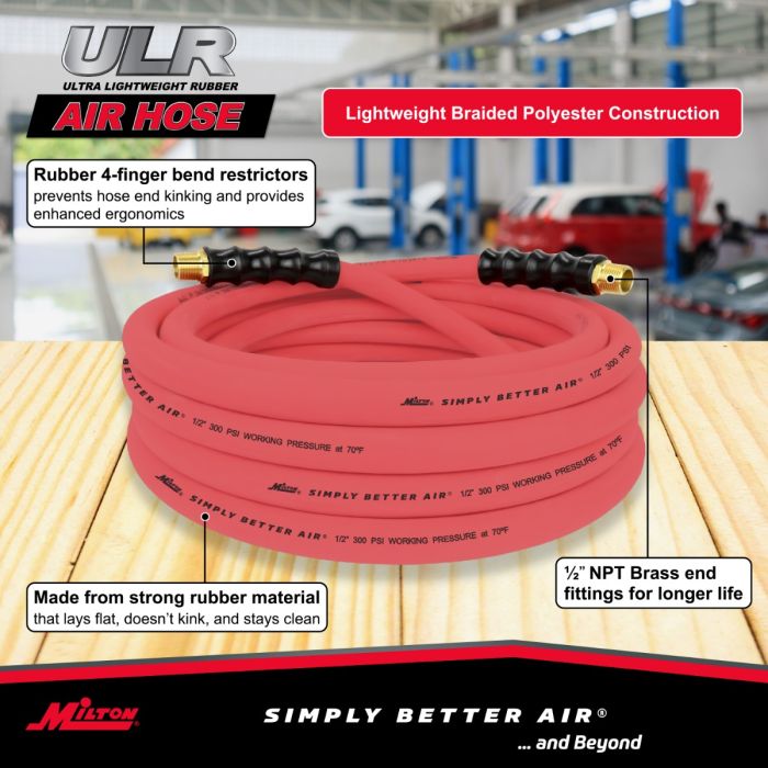 1/2" Ultra Lightweight Rubber Hose, 25' Air Hose w/ 1/2" NPT Male Inlet Thread Ends