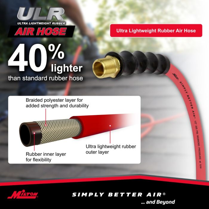 1/2" Ultra Lightweight Rubber Hose, 25' Air Hose w/ 1/2" NPT Male Inlet Thread Ends