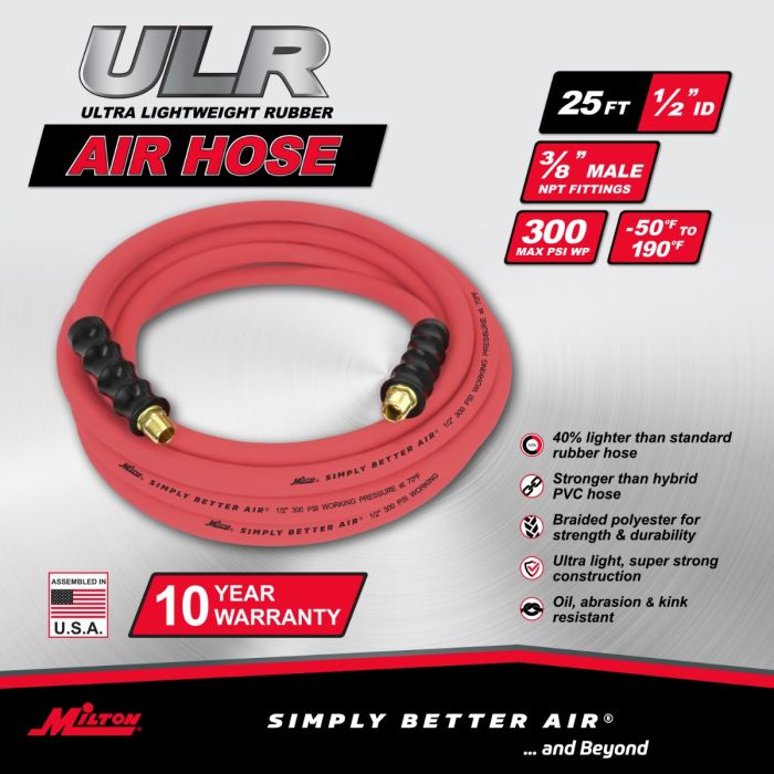 1/2" Ultra Lightweight Rubber Hose, 25' Air Hose w/ 3/8" NPT Male Inlet Thread Ends