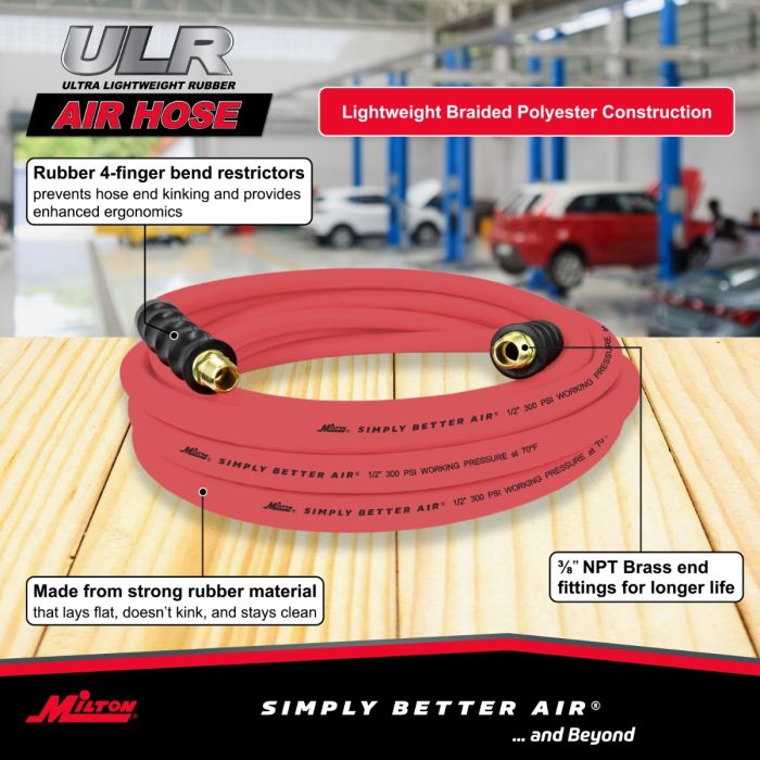 1/2" Ultra Lightweight Rubber Hose, 25' Air Hose w/ 3/8" NPT Male Inlet Thread Ends