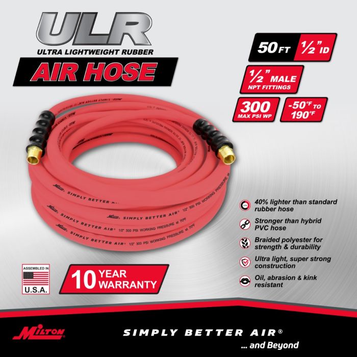 1/2" Ultra Lightweight Rubber Hose, 50' Air Hose w/ 1/2" NPT Male Inlet Thread Ends