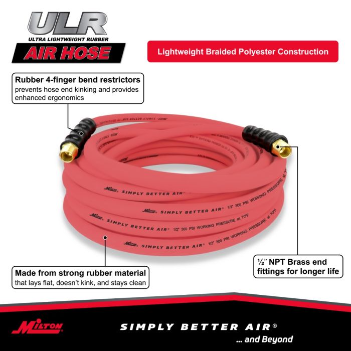 1/2" Ultra Lightweight Rubber Hose, 50' Air Hose w/ 1/2" NPT Male Inlet Thread Ends