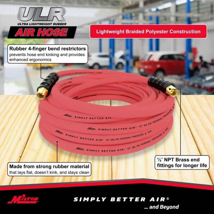 1/2" Ultra Lightweight Rubber Hose, 50' Air Hose w/ 1/2" NPT Male Inlet Thread Ends