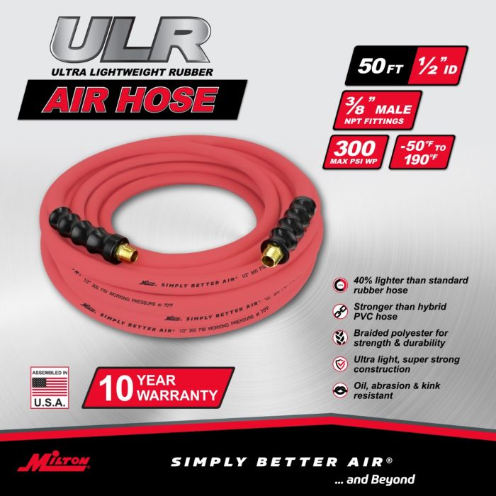 1/2" Ultra Lightweight Rubber Hose, 50' Air Hose w/ 3/8" NPT Male Inlet Thread Ends