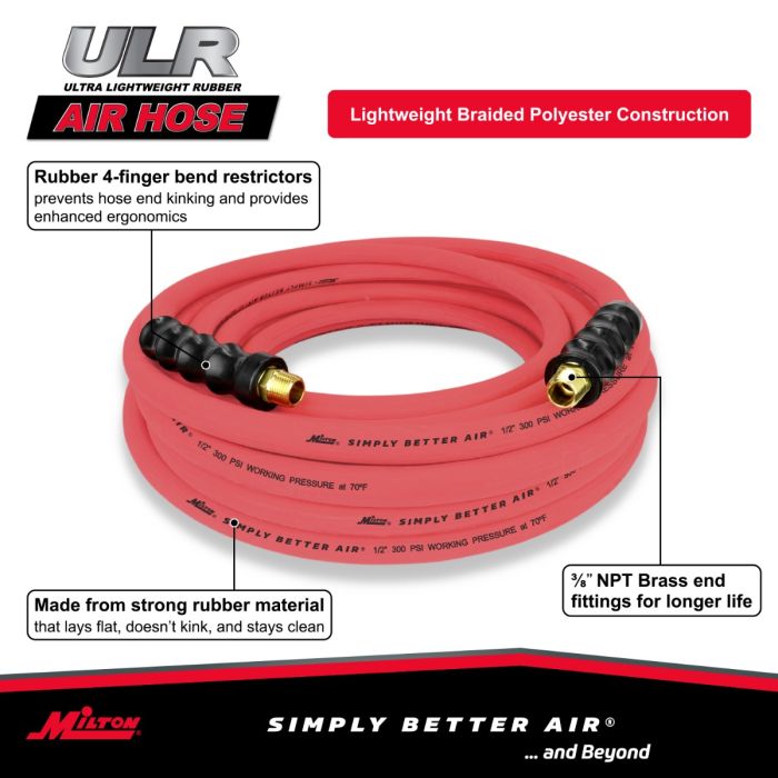 1/2" Ultra Lightweight Rubber Hose, 50' Air Hose w/ 3/8" NPT Male Inlet Thread Ends