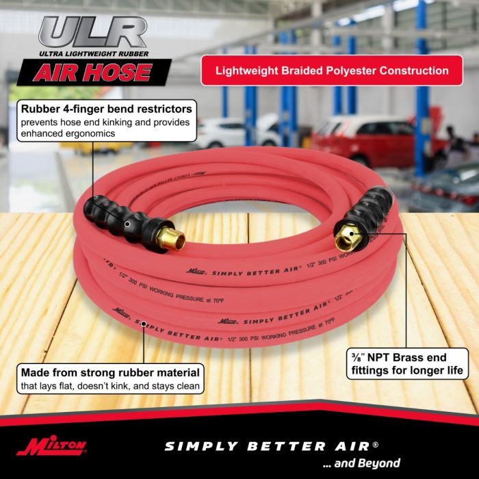 1/2" Ultra Lightweight Rubber Hose, 50' Air Hose w/ 3/8" NPT Male Inlet Thread Ends