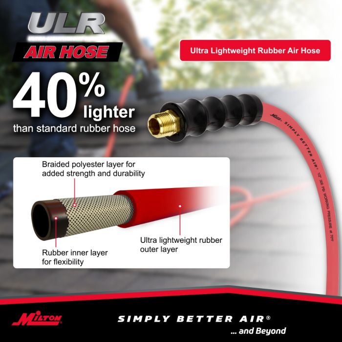 1/2" Ultra Lightweight Rubber Hose, 50' Air Hose w/ 3/8" NPT Male Inlet Thread Ends