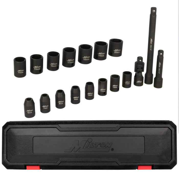1300-SS-01 3/8" Drive Shallow 6-Point Impact Socket Set, 6-20mm, Steel Coated Black Oxide Finish with Universal Joint & Extension Bars (18-Piece)