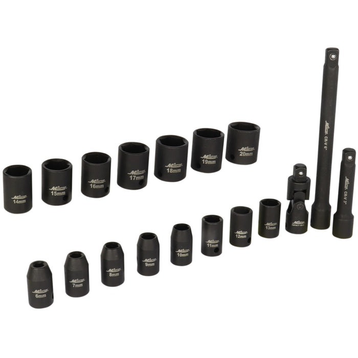 1300-SS-01 3/8" Drive Shallow 6-Point Impact Socket Set, 6-20mm, Steel Coated Black Oxide Finish with Universal Joint & Extension Bars (18-Piece)