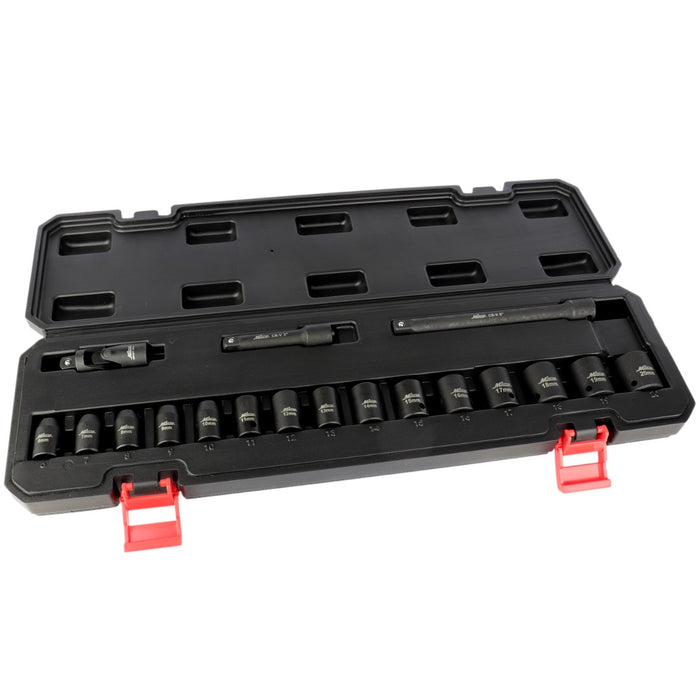 1300-SS-01 3/8" Drive Shallow 6-Point Impact Socket Set, 6-20mm, Steel Coated Black Oxide Finish with Universal Joint & Extension Bars (18-Piece)