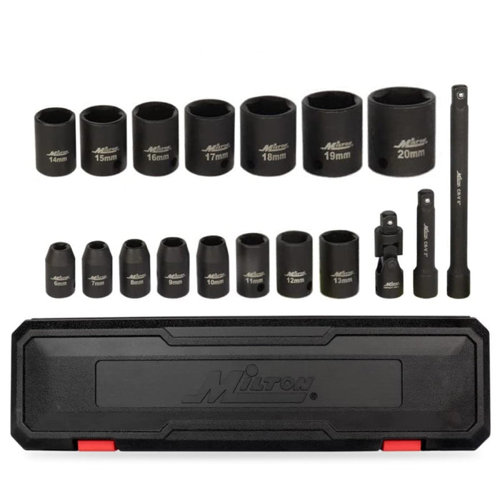1300-SS-01 3/8" Drive Shallow 6-Point Impact Socket Set, 6-20mm, Steel Coated Black Oxide Finish with Universal Joint & Extension Bars (18-Piece)