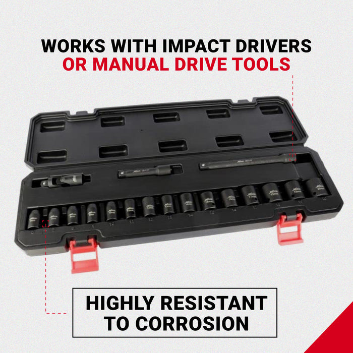 1300-SS-01 3/8" Drive Shallow 6-Point Impact Socket Set, 6-20mm, Steel Coated Black Oxide Finish with Universal Joint & Extension Bars (18-Piece)