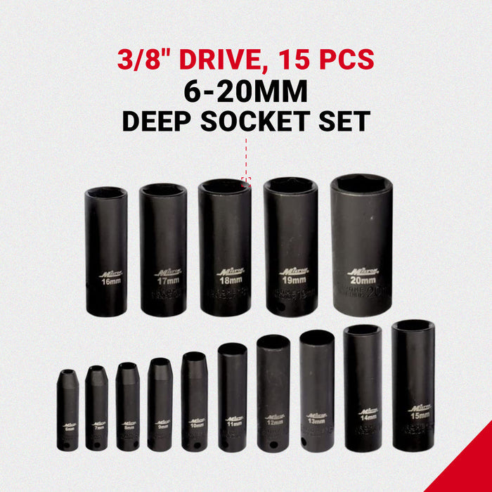1300-SS-02 3/8" Drive Deep 6-20 Metric Impact Socket Set (15-Piece)