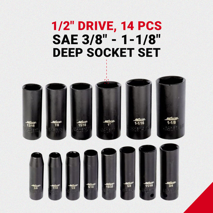 1300-SS-04 1/2" Drive Deep 3/8"-1-1/8" SAE Impact Socket Set (14-Piece)