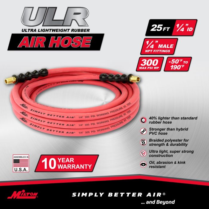 1/4" Ultra Lightweight Rubber Hose, 25' Air Hose w/ 1/4" NPT Male Inlet Thread Ends