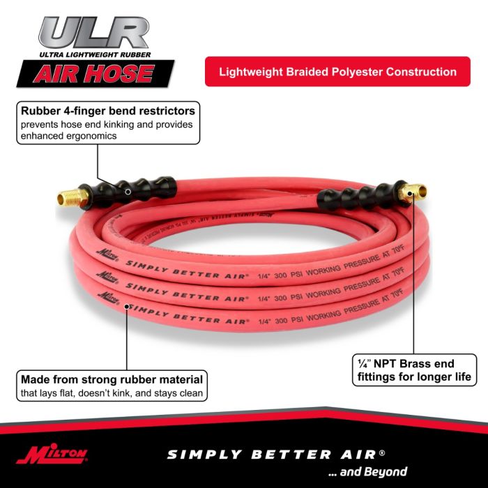 1/4" Ultra Lightweight Rubber Hose, 25' Air Hose w/ 1/4" NPT Male Inlet Thread Ends