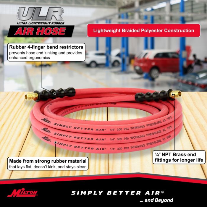 1/4" Ultra Lightweight Rubber Hose, 25' Air Hose w/ 1/4" NPT Male Inlet Thread Ends