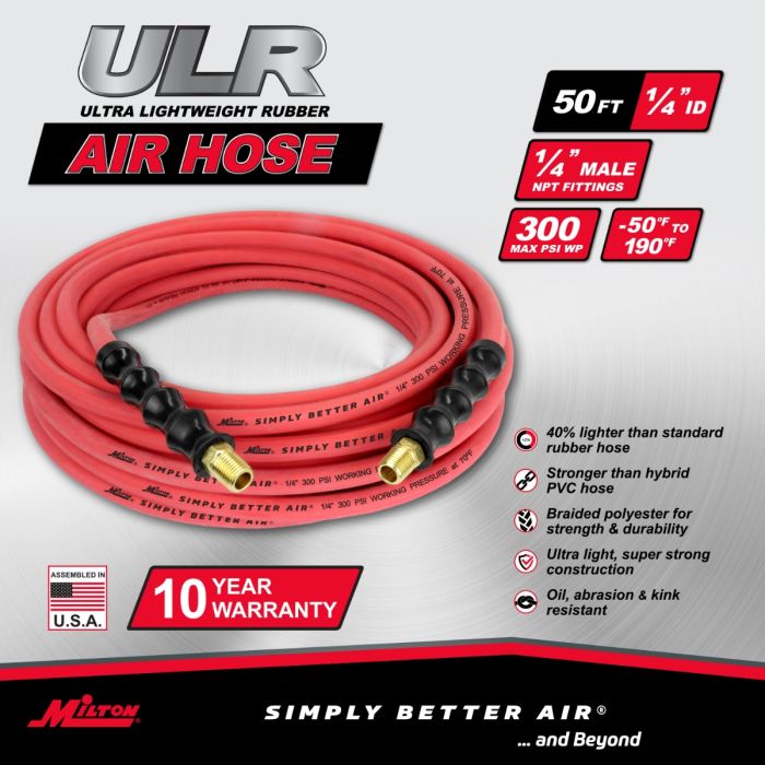 1/4" Ultra Lightweight Rubber Hose, 50' Air Hose w/ 1/4" NPT Male Inlet Thread Ends
