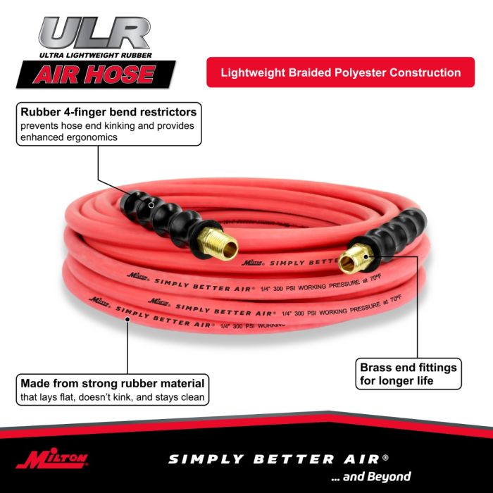 1/4" Ultra Lightweight Rubber Hose, 50' Air Hose w/ 1/4" NPT Male Inlet Thread Ends