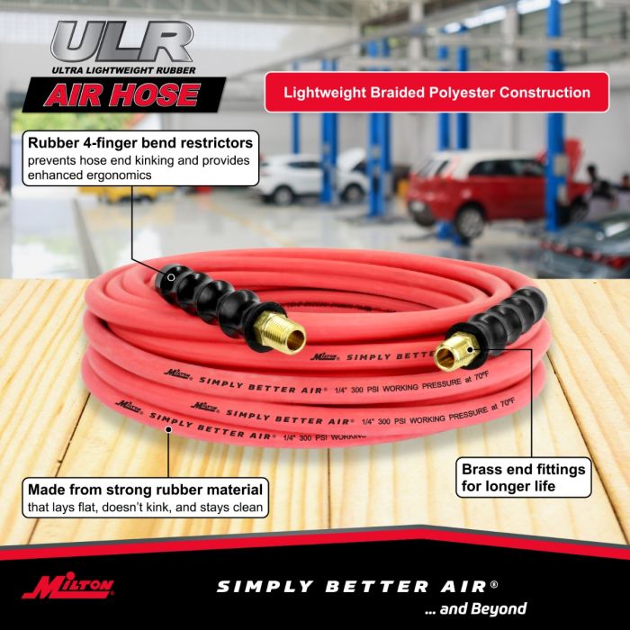 1/4" Ultra Lightweight Rubber Hose, 50' Air Hose w/ 1/4" NPT Male Inlet Thread Ends