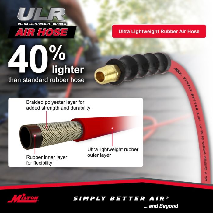 1/4" Ultra Lightweight Rubber Hose, 50' Air Hose w/ 1/4" NPT Male Inlet Thread Ends