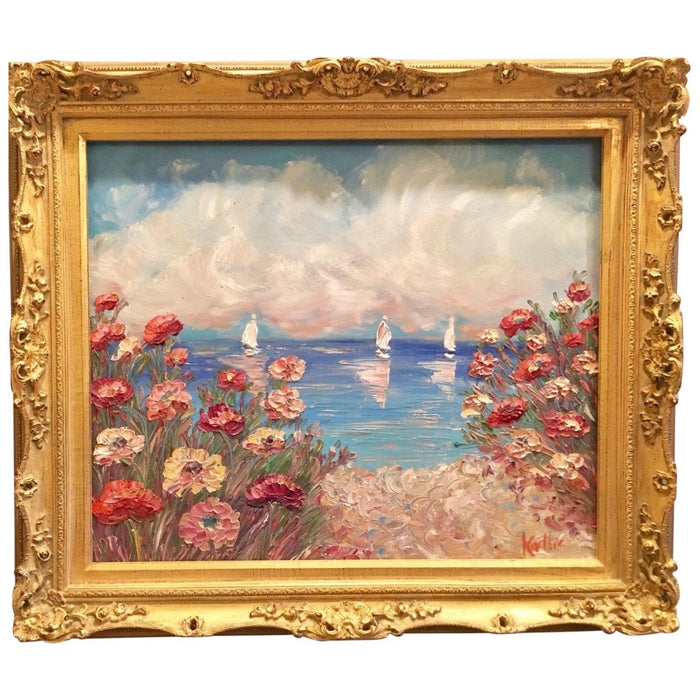 24x20" Mediterranean Seascape KADLIC Original Oil Painting Art Gold Frame