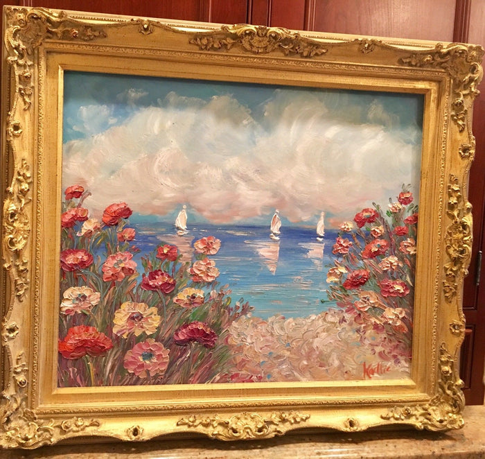 24x20" Mediterranean Seascape KADLIC Original Oil Painting Art Gold Frame