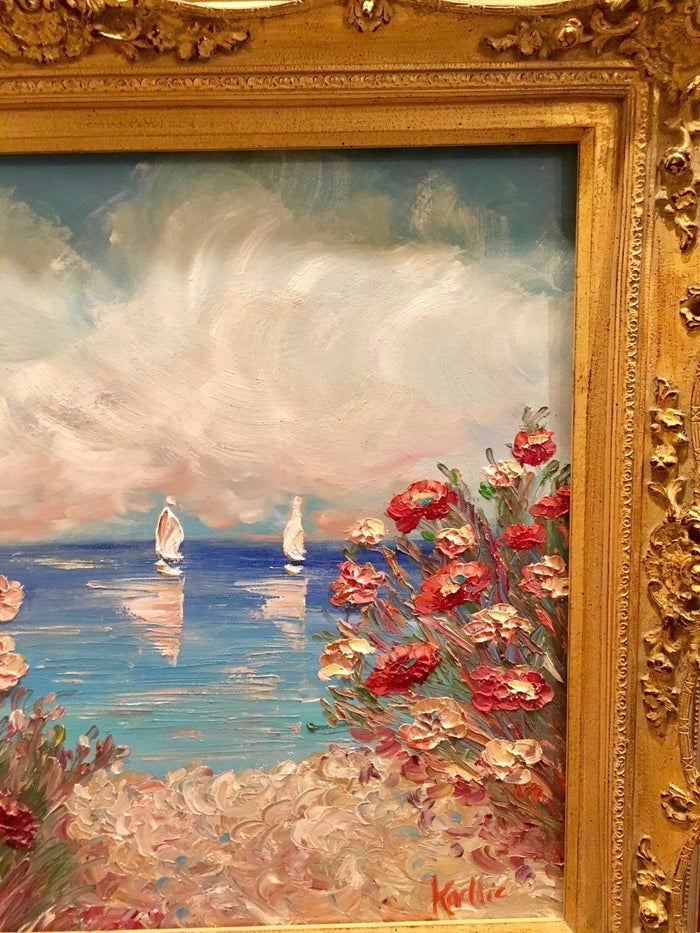 24x20" Mediterranean Seascape KADLIC Original Oil Painting Art Gold Frame