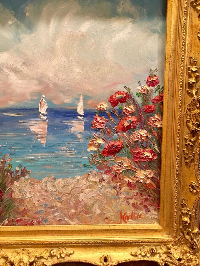 24x20" Mediterranean Seascape KADLIC Original Oil Painting Art Gold Frame
