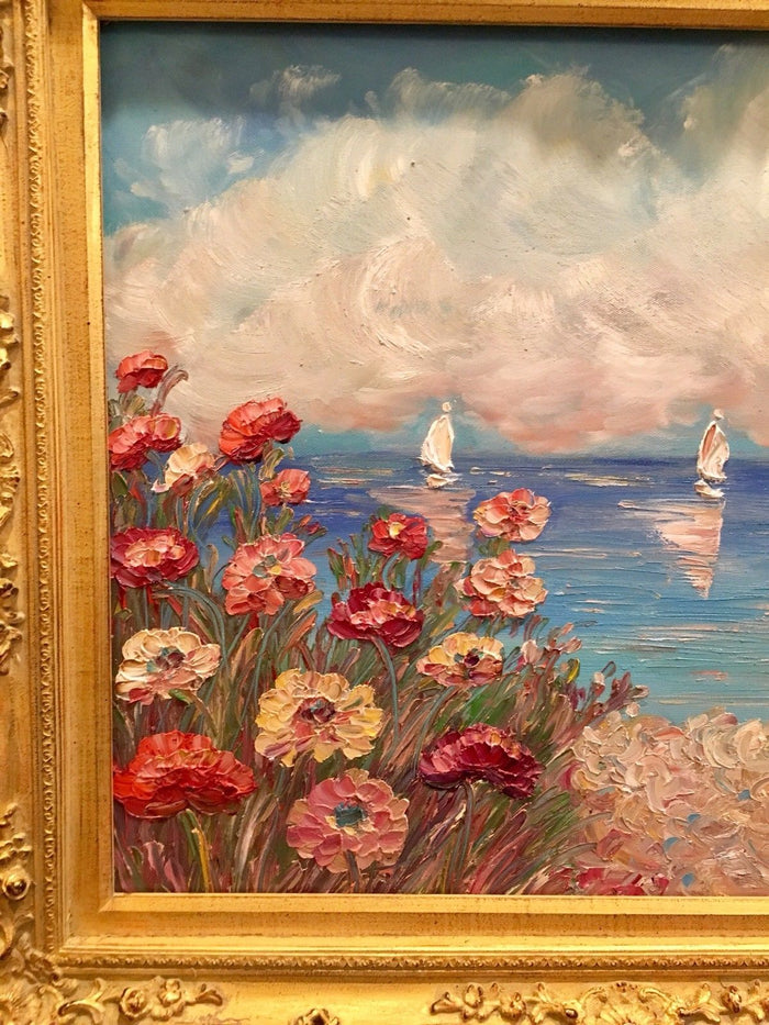 24x20" Mediterranean Seascape KADLIC Original Oil Painting Art Gold Frame