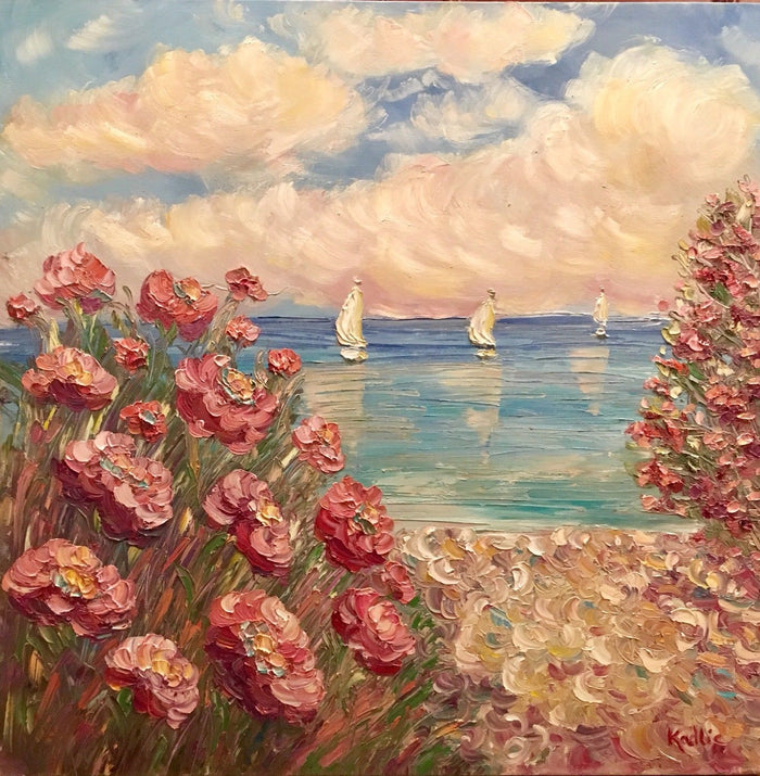 30x30” Pink Floral Flowers Beach Seascape KADLIC Original Oil Painting Art