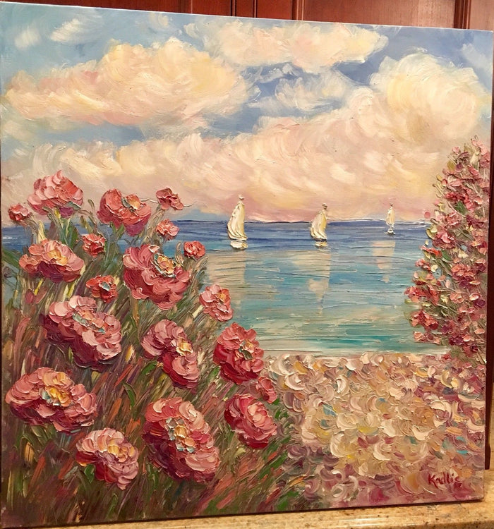 30x30” Pink Floral Flowers Beach Seascape KADLIC Original Oil Painting Art