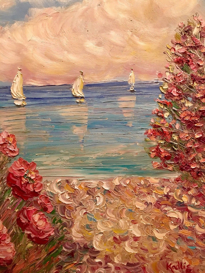 30x30” Pink Floral Flowers Beach Seascape KADLIC Original Oil Painting Art