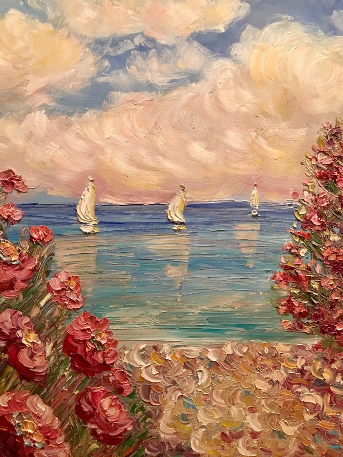 30x30” Pink Floral Flowers Beach Seascape KADLIC Original Oil Painting Art