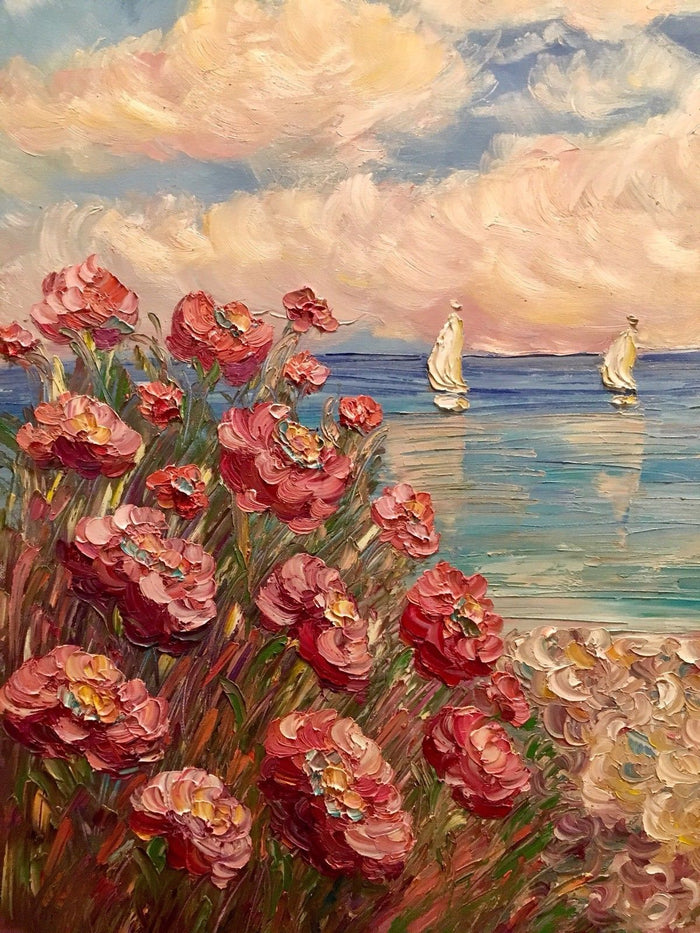 30x30” Pink Floral Flowers Beach Seascape KADLIC Original Oil Painting Art