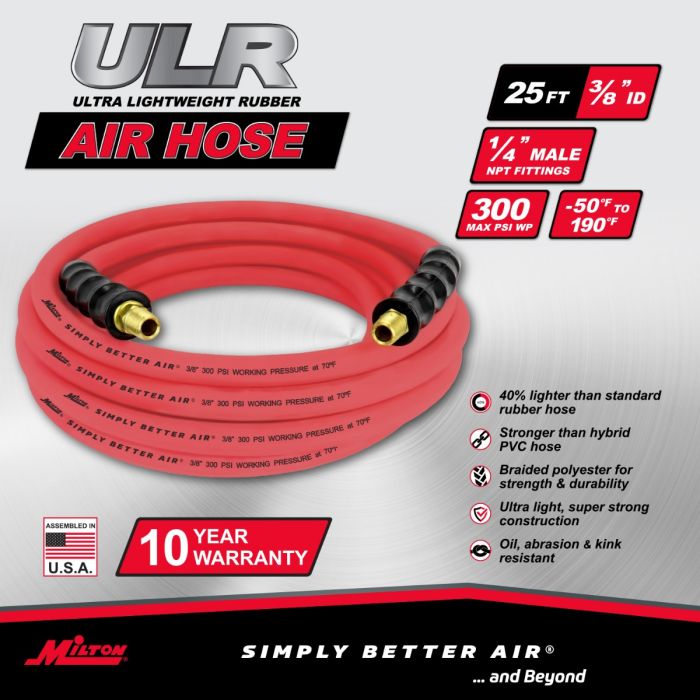 3/8" Ultra Lightweight Rubber Hose, 100' Air Hose w/ 3/8" NPT Male Inlet Thread Ends