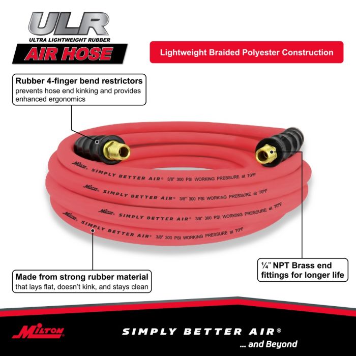 3/8" Ultra Lightweight Rubber Hose, 25' Air Hose w/ 1/4" NPT Male Inlet Thread Ends