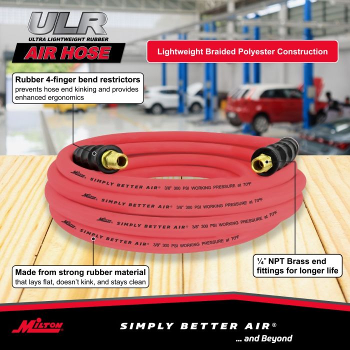 3/8" Ultra Lightweight Rubber Hose, 25' Air Hose w/ 1/4" NPT Male Inlet Thread Ends