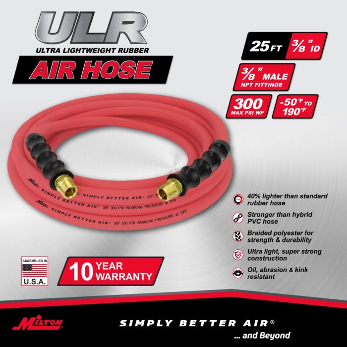 3/8" Ultra Lightweight Rubber Hose, 25' Air Hose w/ 3/8" NPT Male Inlet Thread Ends
