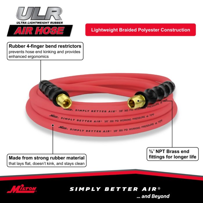 3/8" Ultra Lightweight Rubber Hose, 25' Air Hose w/ 3/8" NPT Male Inlet Thread Ends