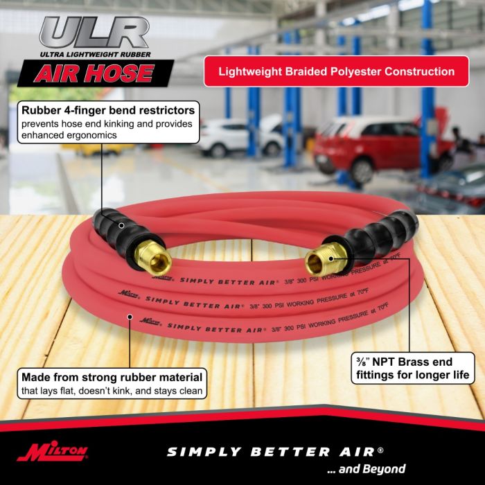 3/8" Ultra Lightweight Rubber Hose, 25' Air Hose w/ 3/8" NPT Male Inlet Thread Ends