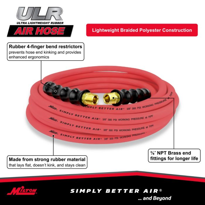 3/8" Ultra Lightweight Rubber Hose, 35' Air Hose w/ 3/8" NPT Male Inlet Thread Ends
