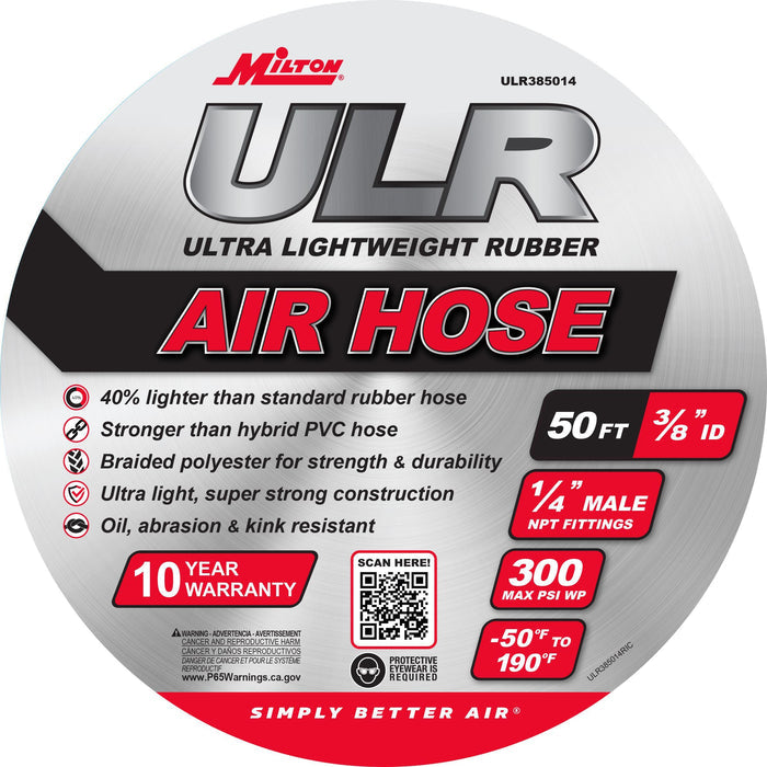 3/8" Ultra Lightweight Rubber Hose, 50' Air Hose w/ 1/4" NPT Male Inlet Thread Ends