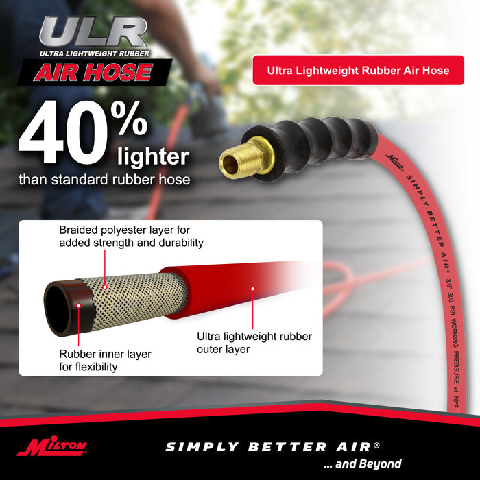 3/8" Ultra Lightweight Rubber Hose, 50' Air Hose w/ 1/4" NPT Male Inlet Thread Ends