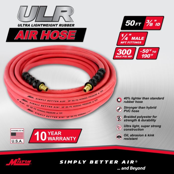 3/8" Ultra Lightweight Rubber Hose, 50' Air Hose w/ 1/4" NPT Male Inlet Thread Ends