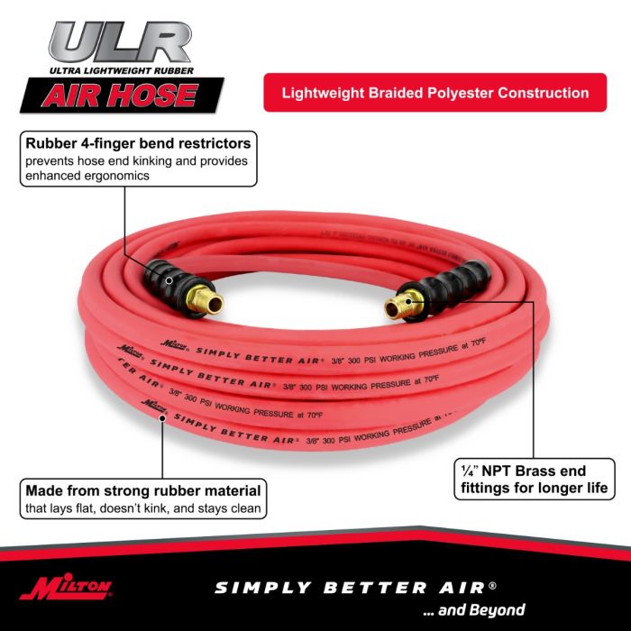 3/8" Ultra Lightweight Rubber Hose, 50' Air Hose w/ 1/4" NPT Male Inlet Thread Ends