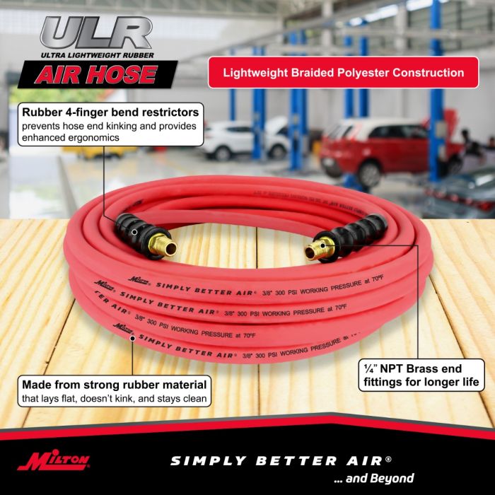 3/8" Ultra Lightweight Rubber Hose, 50' Air Hose w/ 1/4" NPT Male Inlet Thread Ends