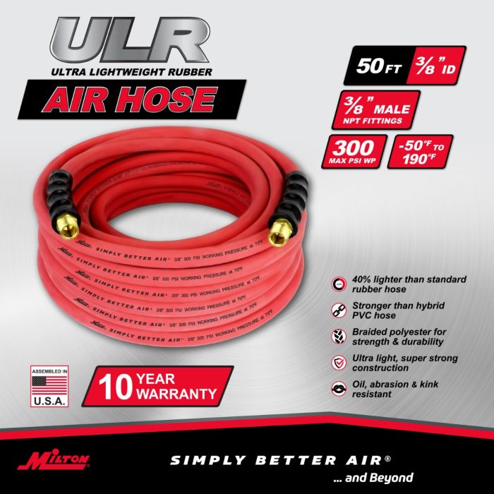 3/8" Ultra Lightweight Rubber Hose, 50' Air Hose w/ 3/8" NPT Male Inlet Thread Ends